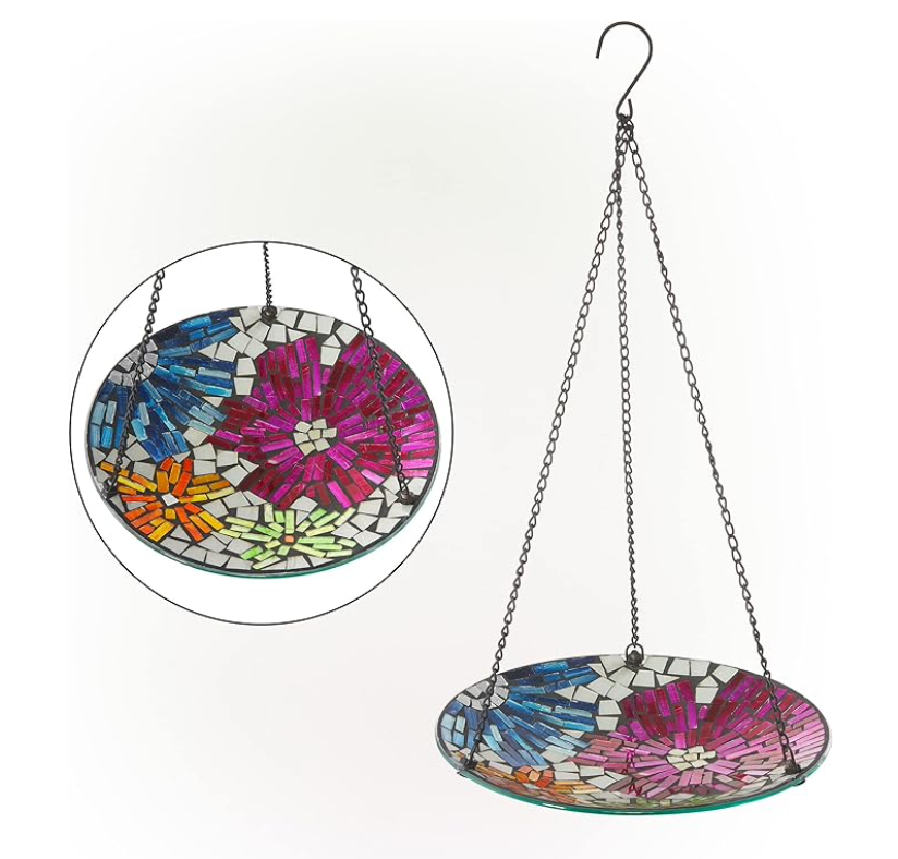 Alpine Corporation HMD214 Alpine 10" Round Glass Mosaic Floral Hanging, Multicolor Birdbath