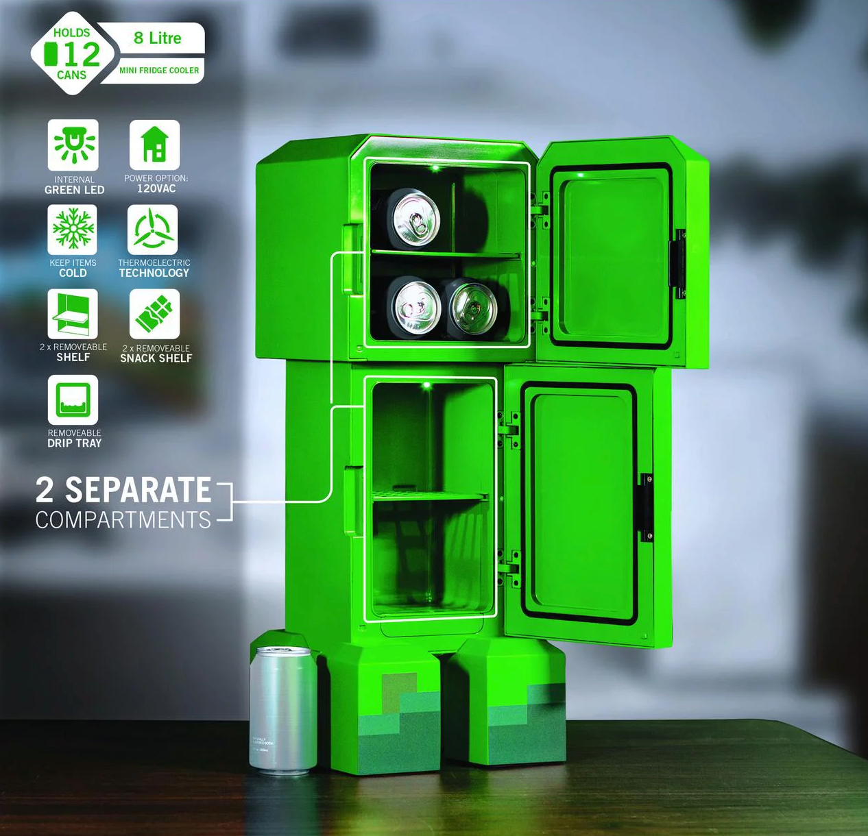 Minecraft Green Creeper Body 12 Can Mini Fridge 8L 2 Door Ambient Lighting 25.2